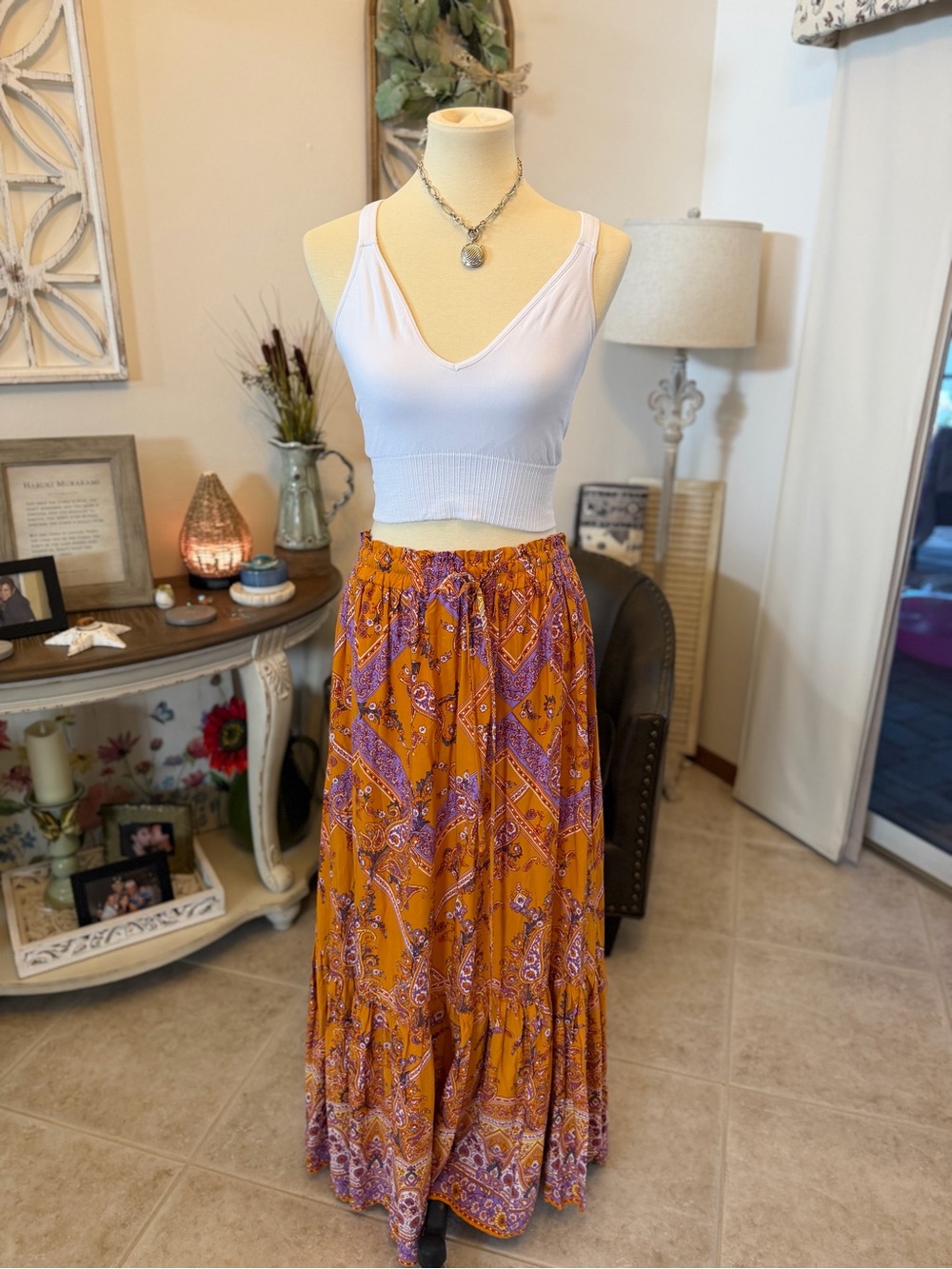 Source Unknown Mustard Yellow and Purple Paisley Maxi Skirt